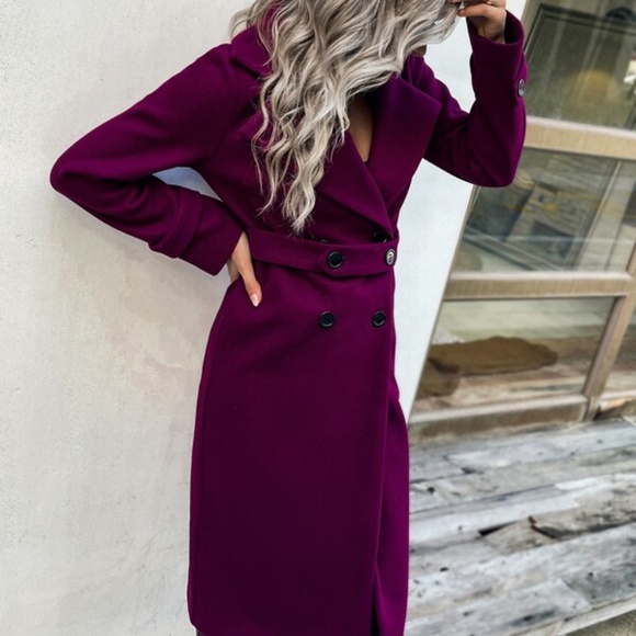 Cozy Dark Magenta Double Breasted Pea Coat Jacket Winter - Picture 2 of 5